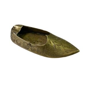Vintage World Gift Solid Brass Mini Shoe Slipper Ashtray Etched Gold 3.5" Long